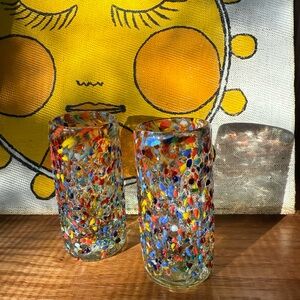 Set of 2 Mexican Confetti Hand Blown Shot Glasses Tequila Beer Party Gift Bar